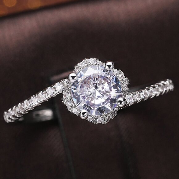 💍Beautiful CZ Diamond Twisted Macro Pave Silver Pure Flower Wedding Ring K844